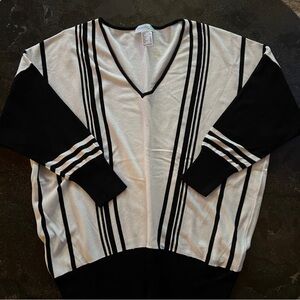 Black and White Striped V-Neck Sweater - Size L/XL